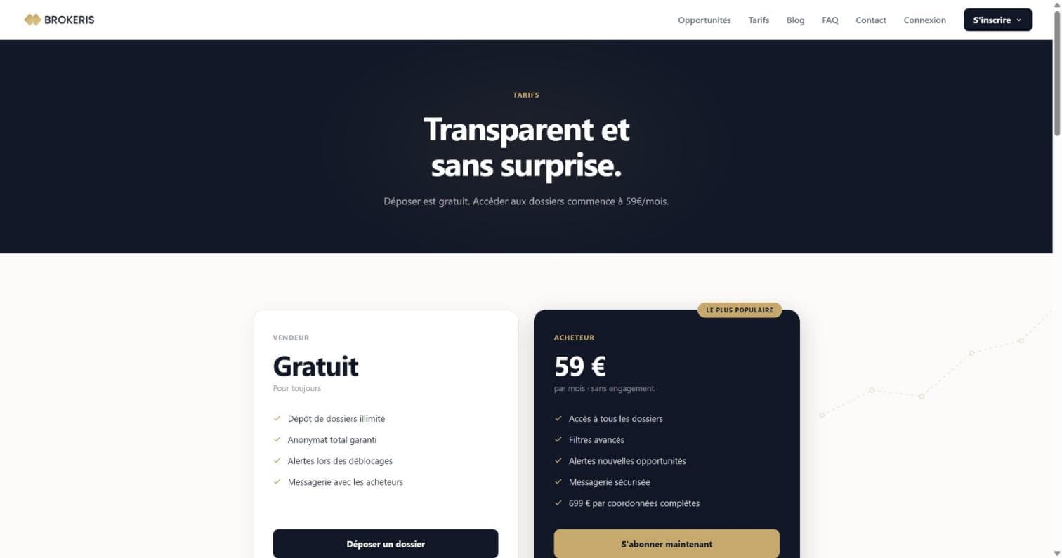 Page Tarifs de Brokeris : dépôt gratuit pour les vendeurs, accès acheteur à 59 € par mois