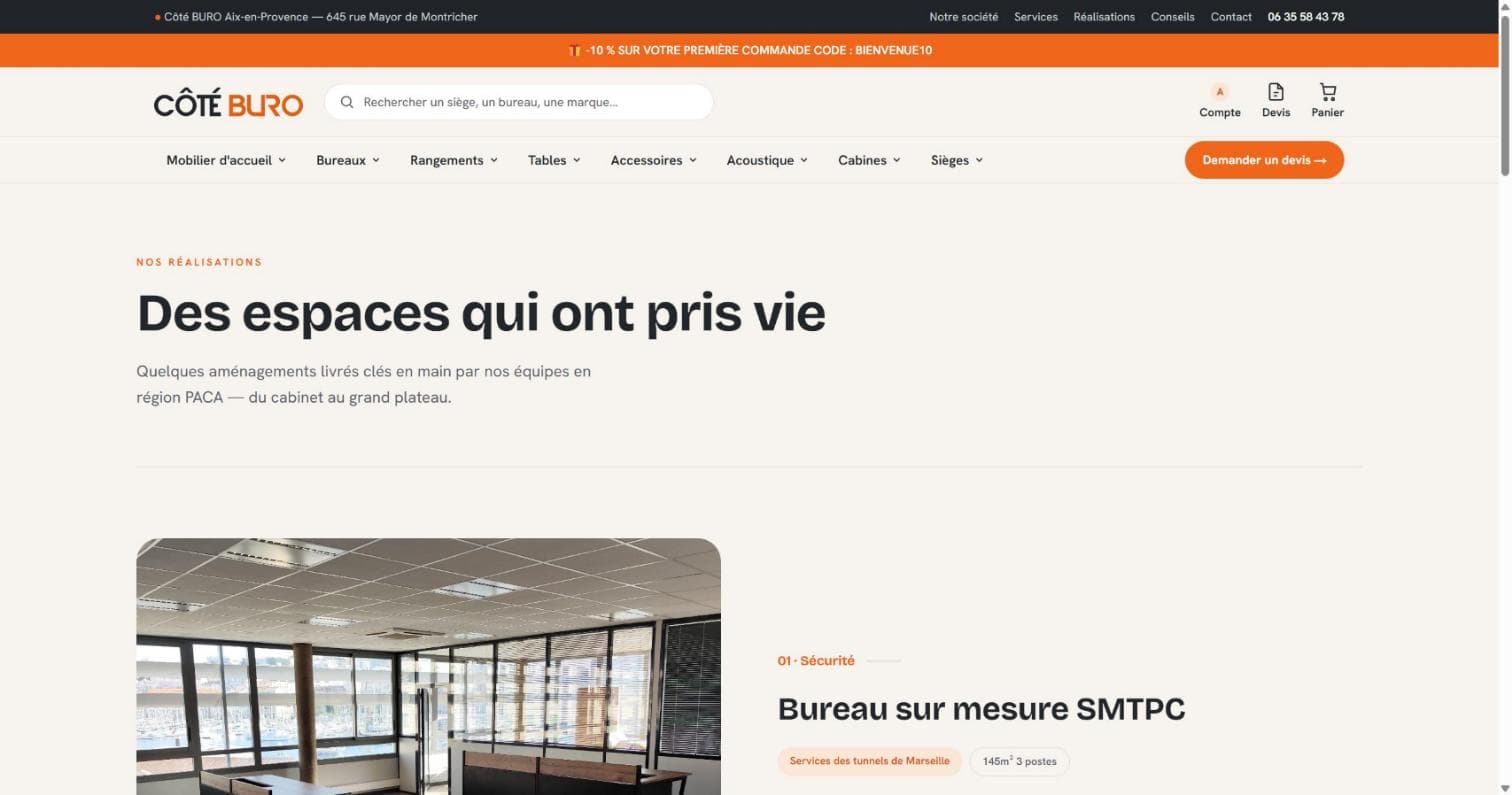 Page Réalisations de Côté BURO : aménagements de bureaux livrés clés en main en région PACA