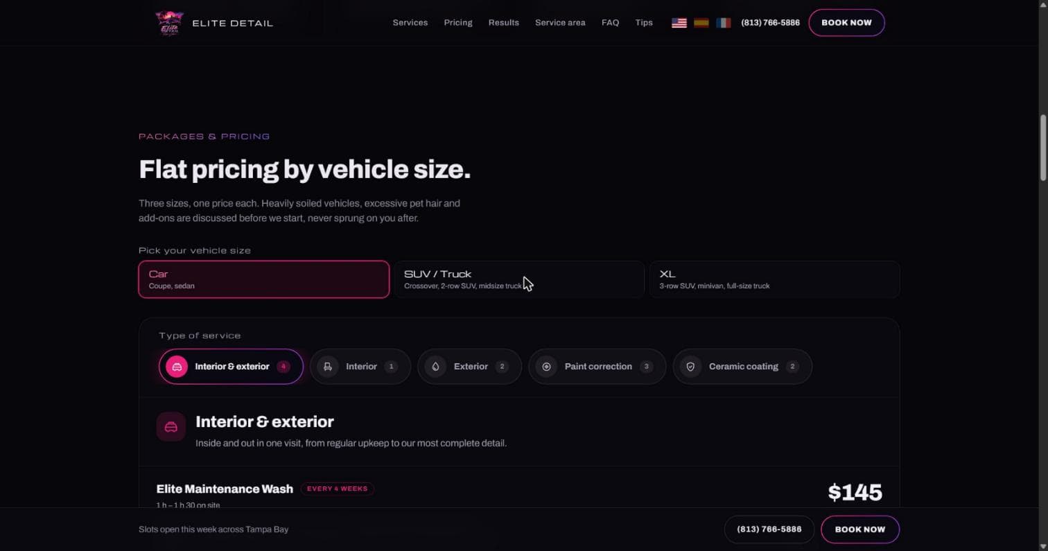 Page Tarifs d'Elite Detail : prix fixes par gabarit de véhicule et par type de prestation