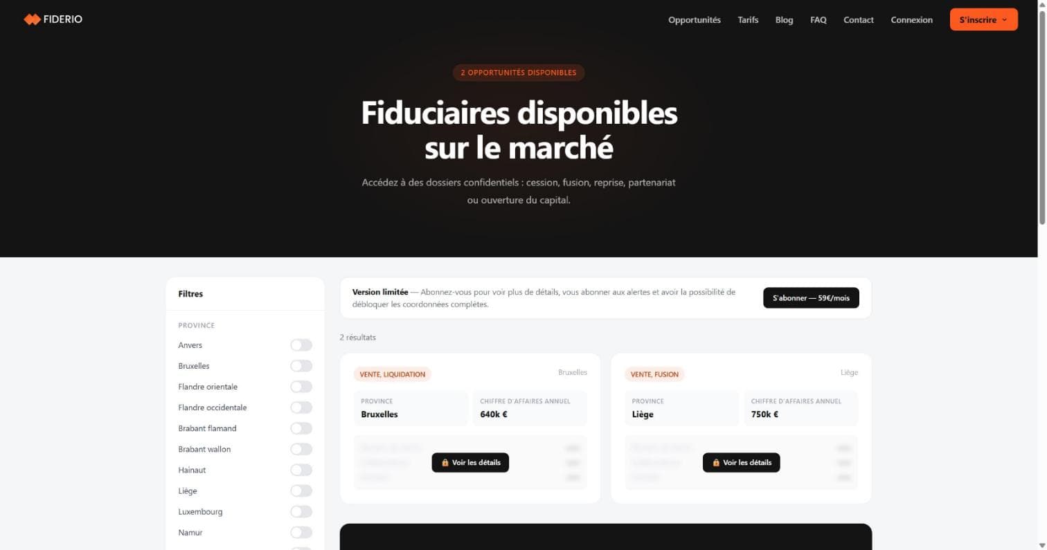 Page Opportunités de Fiderio : dossiers de cession anonymisés, filtres par province et détails verrouillés