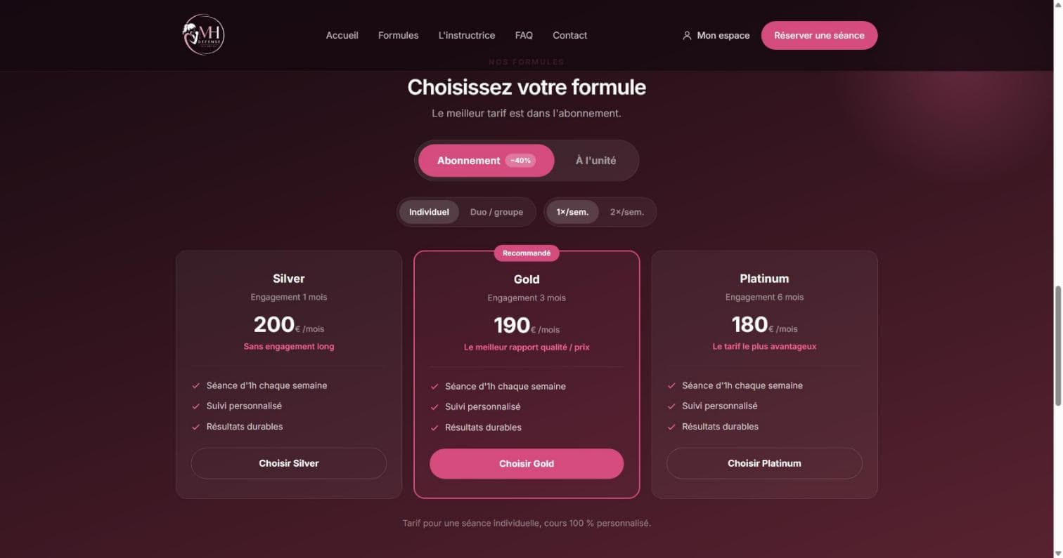 Page Formules de MH Defense : trois abonnements et bascule entre tarif mensuel et séance à l'unité