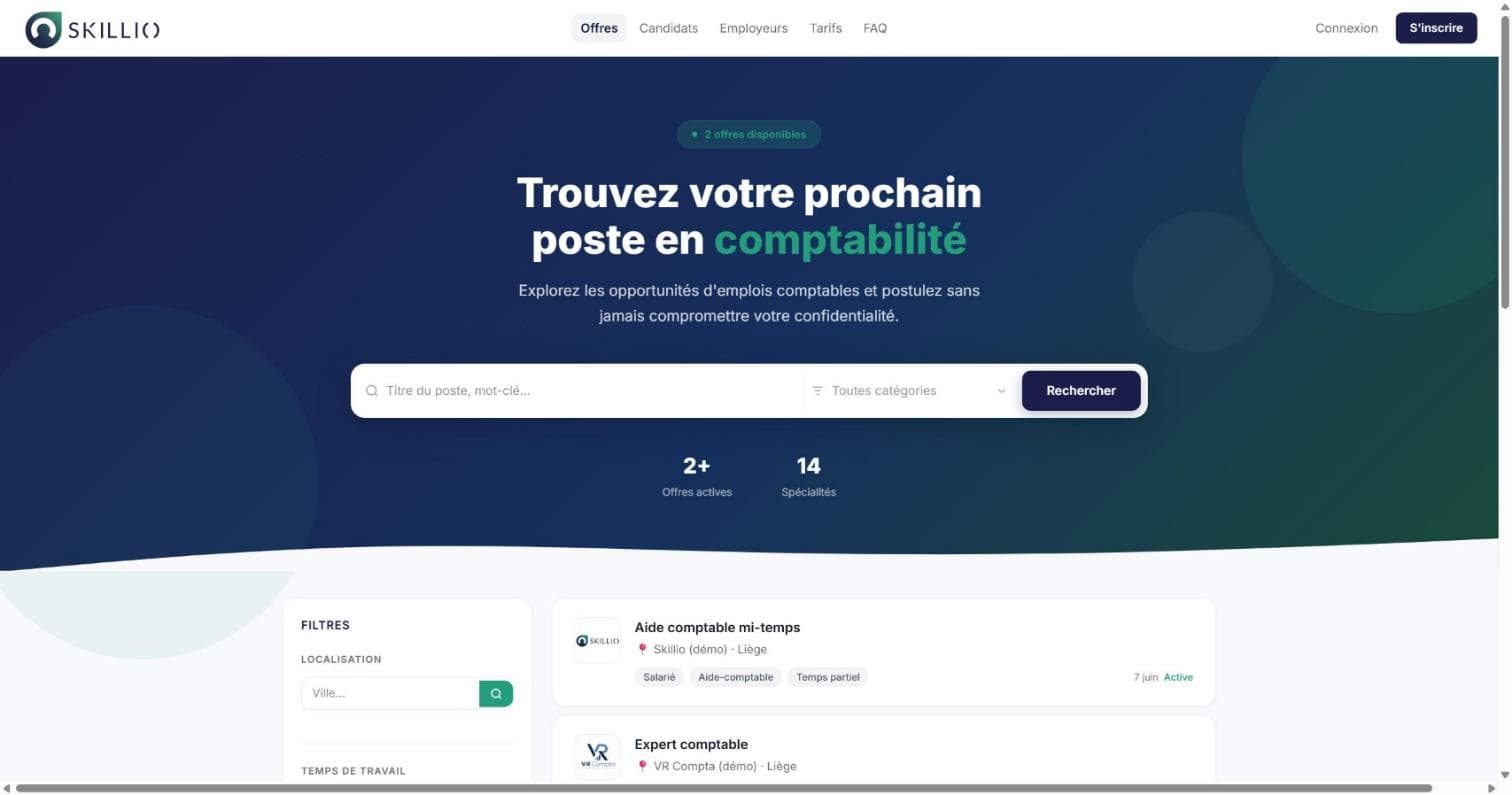 Page Offres de Skillio : recherche d'emplois comptables avec filtres par localisation et temps de travail